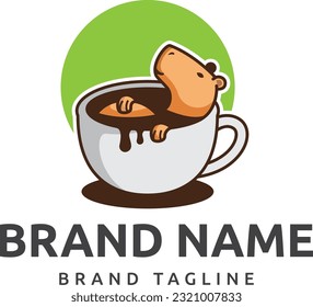 logo hecho con forma de capibara bañándose en una taza de café con hojas de café, plantilla con el logotipo de capybara.