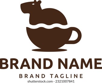 logo made from shape of capybara bathing in a cup of coffee holding coffee leaves, capybara logo template.