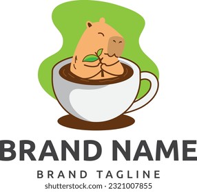 logo made from shape of capybara bathing in a cup of coffee holding coffee leaves, capybara logo template.