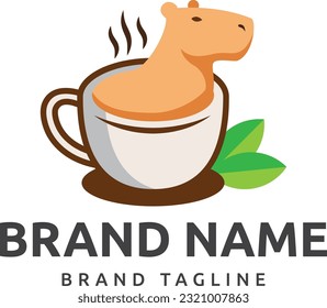 logo made from shape of capybara bathing in a cup of coffee holding coffee leaves, capybara logo template.