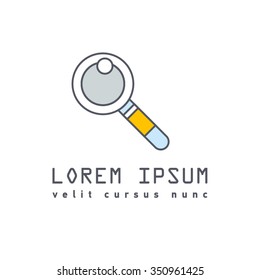 Logo with magnifier for search engine service, business idea, magnifying glass, magnification process. Search internet web with magnifying glass locator