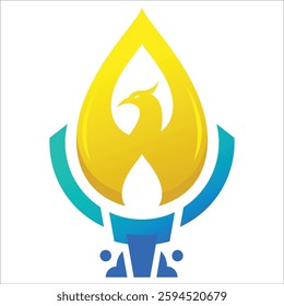 Logo with the main element being a burning golden yellow fire with elements of fire, torch and phoenix