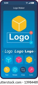 Logo maker app smartphone interface template. Online logotype creator, builder mobile page layout. Business logo generator website, application flat UI. Brand identity design screen. Phone display