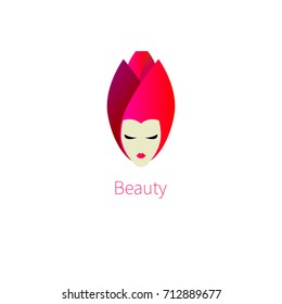 Logo makeup artist, beauty salon. Icon of cosmetics. Girl with rose on her head. Female face with red lips and long eyelashes. Vector illustration