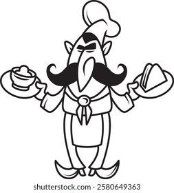 Logo male cook. Chef holds a ready dish. Kitchen. Cooking. 
Drawing. Minimalism. Linear isolated character. Outline.Not AI.