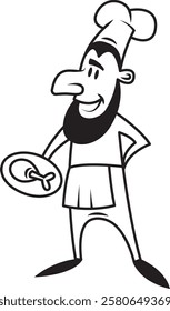 Logo male cook. Chef holds a ready dish. Kitchen. Cooking. 
Drawing. Minimalism. Linear isolated character. Outline.Not AI.