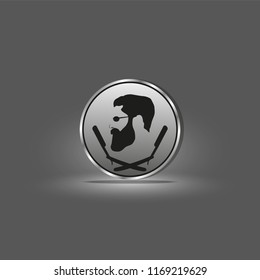Logo of a male hairdresser with a picture of a man with a beard and two hairdressing razors. Vector illustration.