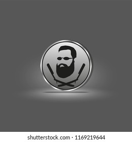 Logo of a male hairdresser with a picture of a man with a beard and two hairdressing razors. Vector illustration.