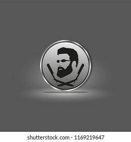 Logo of a male hairdresser with a picture of a man with a beard and two hairdressing razors. Vector illustration.