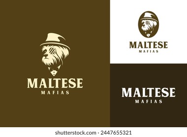 logo of a Maltese dog in a cowboy hat wearing glasses and a formal suit	