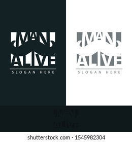 logo man alive with the shape of a mustache between the name of the logo makes this logo has its own uniqueness with muted colors, making this design modern, unique, elegant, simple.