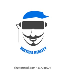 Logo of a man with a beard and mustache in the helmet of virtual reality. Vector flat illustration
