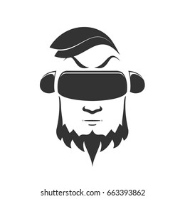 Logo of a man with a beard in a vr helmet playing a video game. Vector black illustration on white background