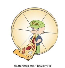 logo man eating a slice of pizza. vector illustration.