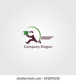 Logo man in a hurry to deliver a package, suitable for shipping service logistics