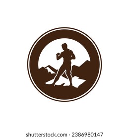 Logo de la silueta vectorial del hombre diseño aislado en el cuerpo circular, concepto de gimnasio silueta marrón