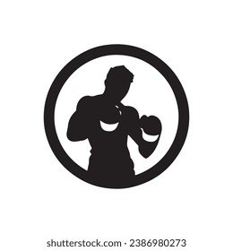 Logo of man icon vector silhouette isolated design in circle bodybuilder, gym concept black silhouette