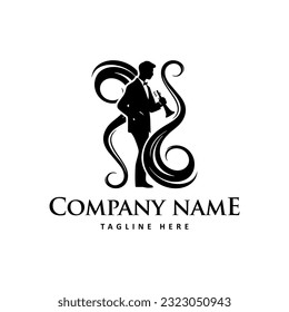 Logo of a man playing the trumpet, silhouette, black and white, creative vintage design template vector illustration