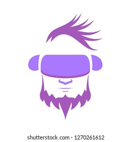 Logo of a man with a purple beard immersed in the space of virtual reality. Flat vector illustration