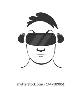 Logo of a man with a short haircut in a virtual reality helmet and headset, playing a video game. Vector black illustration in flat style on white background