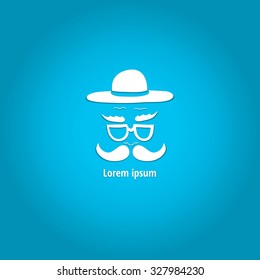 Logo with a man in a stylish hat with a mustache and glasses. The stylized face with a mustache. Hand drawing. White logo on a blue background.