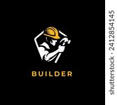 Logo of a man use safety helmet with hammer in black isolated background