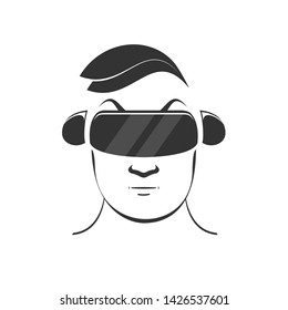Logo of a man in a virtual reality helmet and headset playing a video game. Vector black illustration in flat style on white background