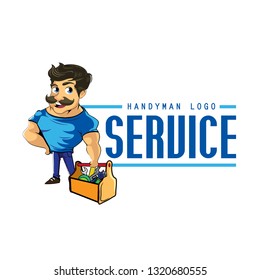 Logo man with a wrench and tool box. Handyman home repair corporate service badge symbol isolated on white background, vector illustration. Can be used for T-shirts print, labels, badges, stickers.