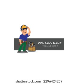 Hombre con logotipo con llave y caja de herramientas. Símbolo de insignia de servicio corporativo de reparación de casa Handyman aislado en fondo blanco, ilustración vectorial. Se puede usar para imprimir camisetas, etiquetas, insignias, pegatinas.