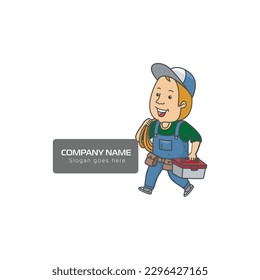 Logo man with a wrench and tool box. Handyman home repair corporate service badge symbol isolated on white background, vector illustration. Can be used for T-shirts print, labels, badges, stickers.