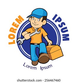 Logo man with a wrench and tool box. Handyman home repair corporate service badge symbol isolated on white background, vector illustration. Can be used for T-shirts print, labels, badges, stickers.