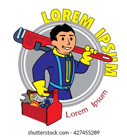 Logo man with a wrench and tool box. Handyman home repair corporate service badge symbol isolated on white background, vector illustration. Can be used for T-shirts print, labels, badges, stickers.