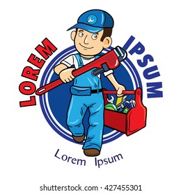 Logo man with a wrench and tool box. Handyman home repair corporate service badge symbol isolated on white background, vector illustration. Can be used for T-shirts print, labels, badges, stickers.