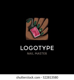 Logo for manicure. Image of a beautiful dark-skinned hands with bottle of varnish.