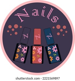 Logo for a manicure master. Multicolored nail polishes with flowers and abstract drops. Vector.