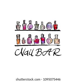 Logo for manicure salon. Illustration of a bar shelf with nail polish.