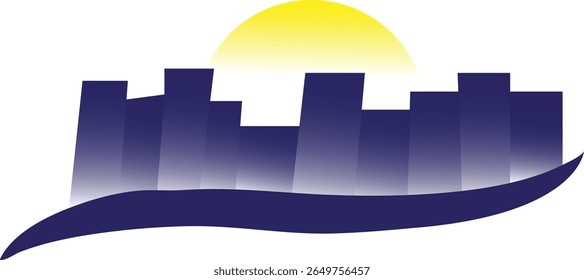 logo with many high rise homes and sun representing a city; several buildings shadow with sun on an stylish stripe
