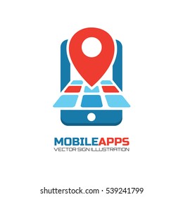 A logo with a map location pin and smartphone. This logo is ideal for gps services,  navigation services.