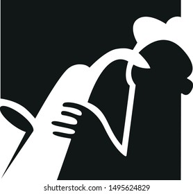 Logo mark of a saxophone player. Black and white, negative space.