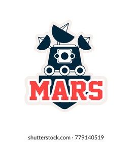 Logo of Mars exploration rover with satellites and camera. Space journey, astronomy science project. Stamp in outline style. Flat vector for badge, emblem, sticker or print
