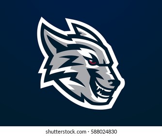 Logo, mascot of aggressive wolf ready to attack. Grin predator, dangerous beast. Identity for the sports club, company, society. Vector illustration 