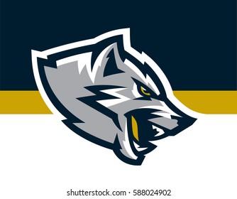 Logo, mascot of aggressive wolf ready to attack. Grin predator, dangerous beast. Identity for the sports club, company, society. Vector illustration 
