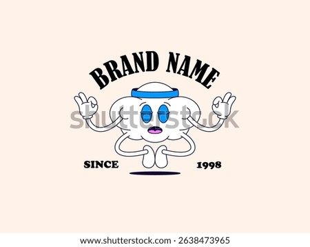 Logo mascot cartoon cloud character with four arms in a yoga meditation pose, wearing a blue headband and serene expression for wellness brands, yoga studios, or mindfulness-related businesses