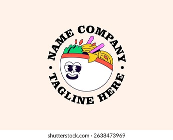 Logo mascot cartoon noodle bowl character with expressive eyes and a smile in cartoon illustration vector for randing restaurants, food trucks, Asian cuisine, or ramen shop