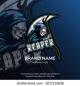 Logo or mascot of a dead reaper. Murderer. Killer skull mascot. Dark power. Evil black witch. Mascot a game team