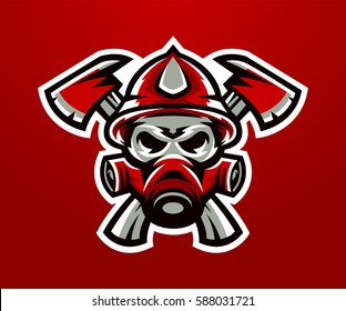 Logo, mascot firefighter. Lethal task, a dangerous profession, skull, skeleton, axes on the cross, rescue squad, uniforms. Vector illustration 