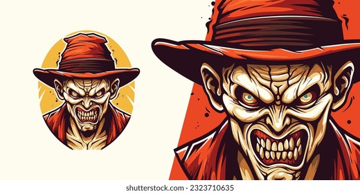 Logo Mascot for Sport and E-Sport Teams: Scary Monster Zombie Krueger Face Illustration Vector Graphic