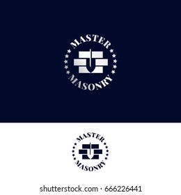 Logo for masonry master. Stonework company vector symbol with bricks and trowel in negative space