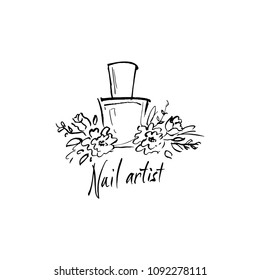 Logo for the master of manicure. A bottle of nail polish and flowers.