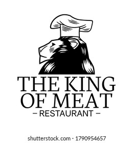 Logo for a meat restaurant consisting in a symbol of a lion´s head wearing a cooking hat, and a typography that says "The King of Meat".